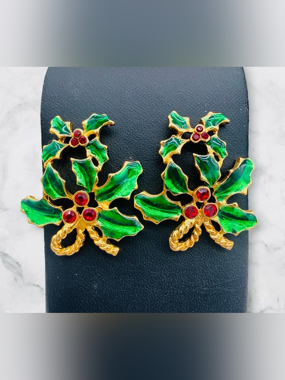 Vintage Holly and Berries Enamel Gold-Tone Pierced Statement Christmas Earrings